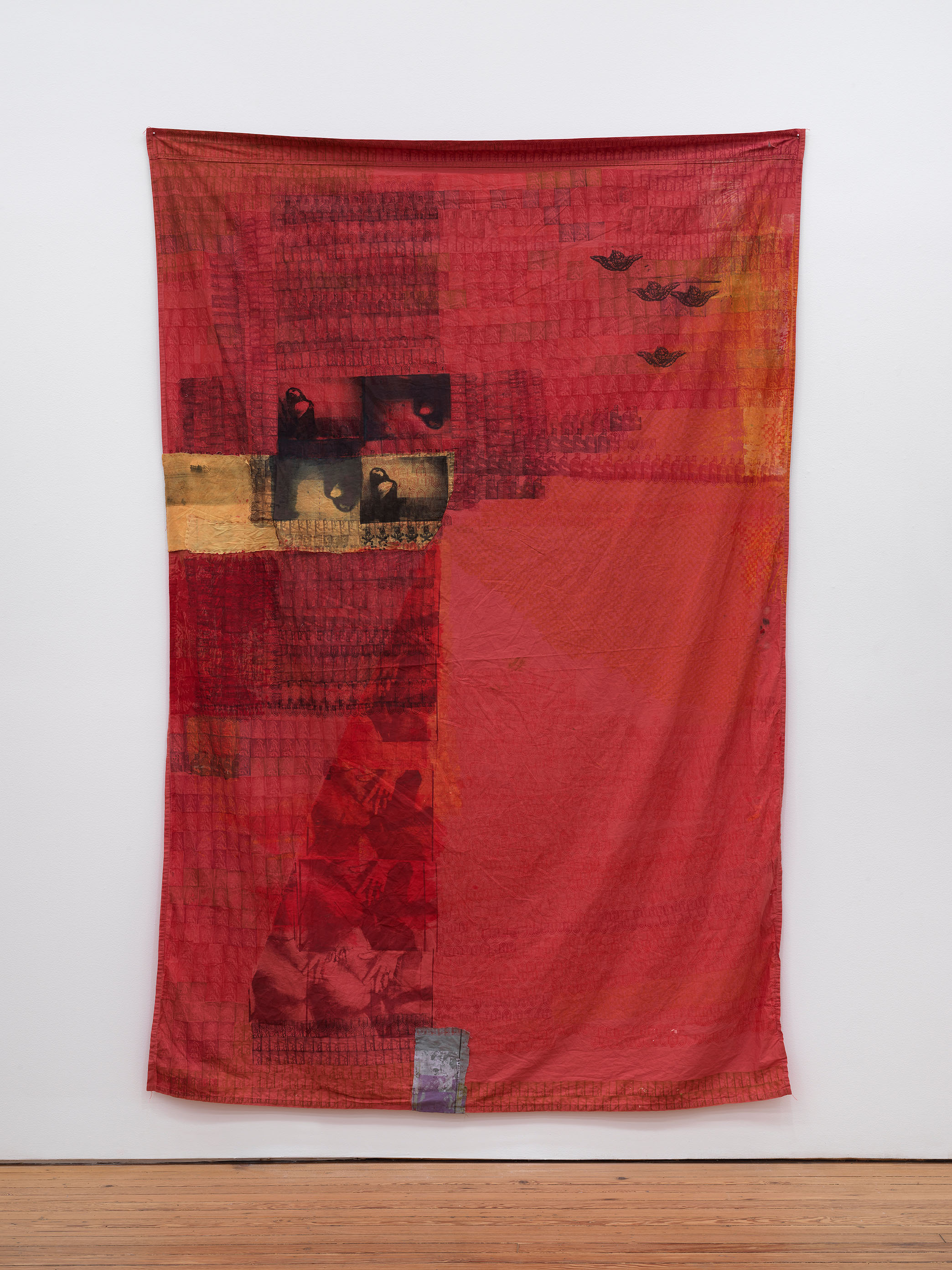 Unit 16 Excelsior Works II by Darya Diamond, 2025. Silkscreen and block print on bedsheet reflecting domestic space, labour and the traces left by human encounter.